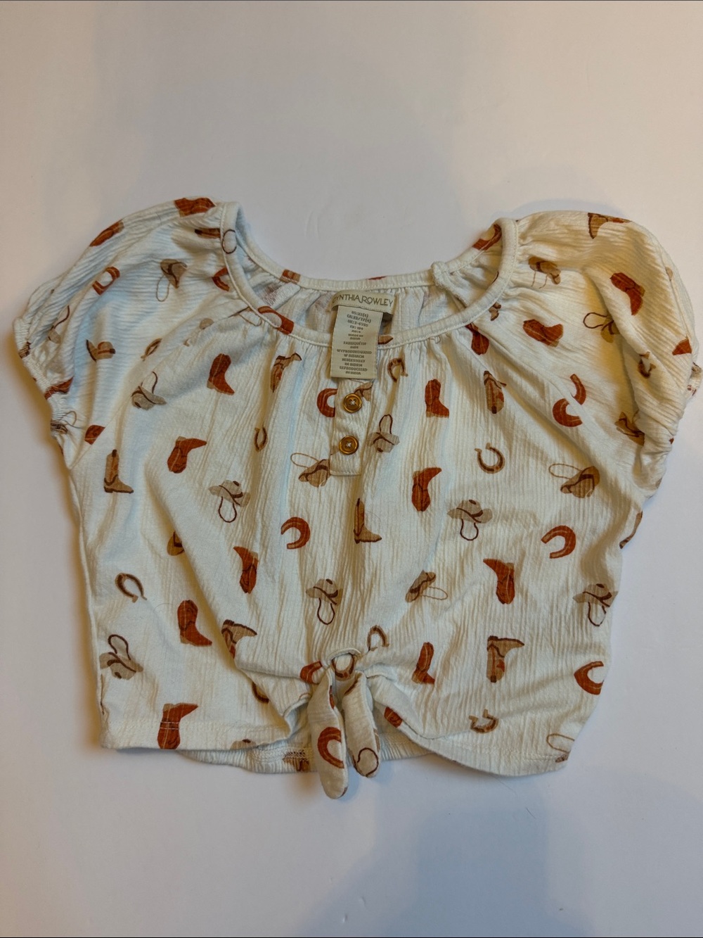 Cynthia Rowley Cropped Tie-Front Western Top - Cream with Brown Print